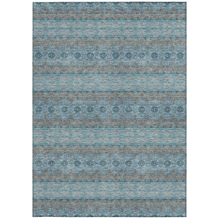 8' X 10' Teal Blue Aqua And Gray Floral Medallion Washable Indoor Outdoor Area Rug