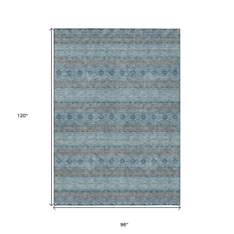 8' X 10' Teal Blue Aqua And Gray Floral Medallion Washable Indoor Outdoor Area Rug