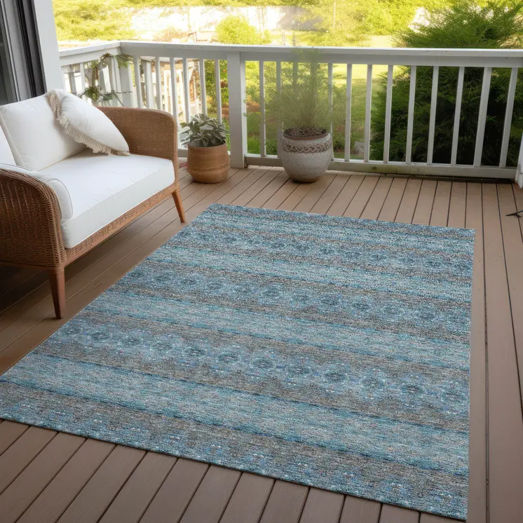 8' X 10' Teal Blue Aqua And Gray Floral Medallion Washable Indoor Outdoor Area Rug
