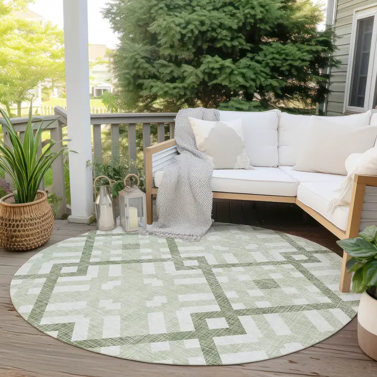 8' Artichoke Green And Olive Green Round Geometric Washable Indoor Outdoor Area Rug