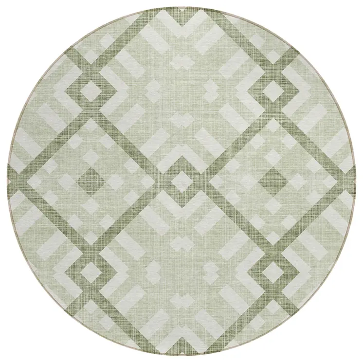 8' Artichoke Green And Olive Green Round Geometric Washable Indoor Outdoor Area Rug