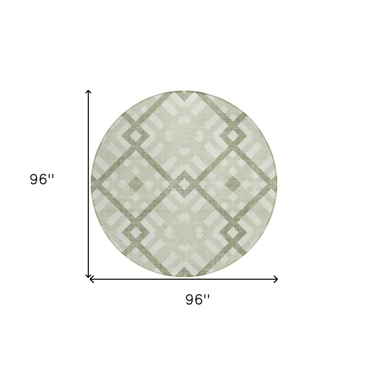8' Artichoke Green And Olive Green Round Geometric Washable Indoor Outdoor Area Rug