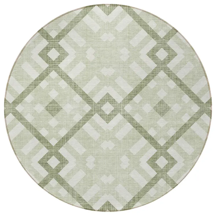 8' Artichoke Green And Olive Green Round Geometric Washable Indoor Outdoor Area Rug