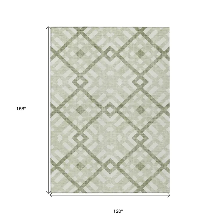 10' X 14' Artichoke Green And Olive Green Geometric Washable Indoor Outdoor Area Rug