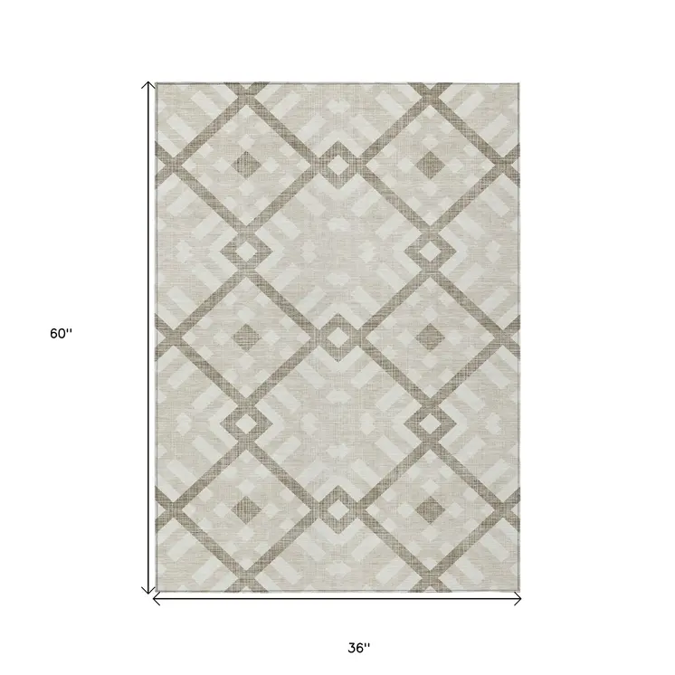 3' X 5' Beige Tan And Ivory Geometric Washable Indoor Outdoor Area Rug