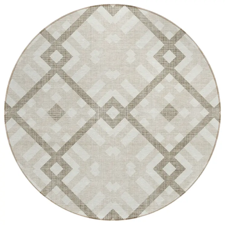 8' Beige Tan And Ivory Round Geometric Washable Indoor Outdoor Area Rug