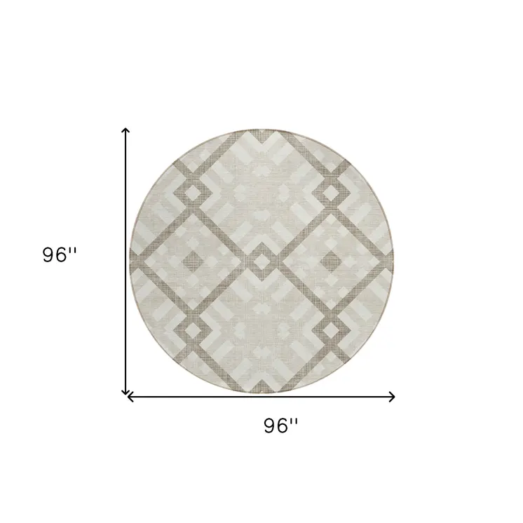 8' Beige Tan And Ivory Round Geometric Washable Indoor Outdoor Area Rug