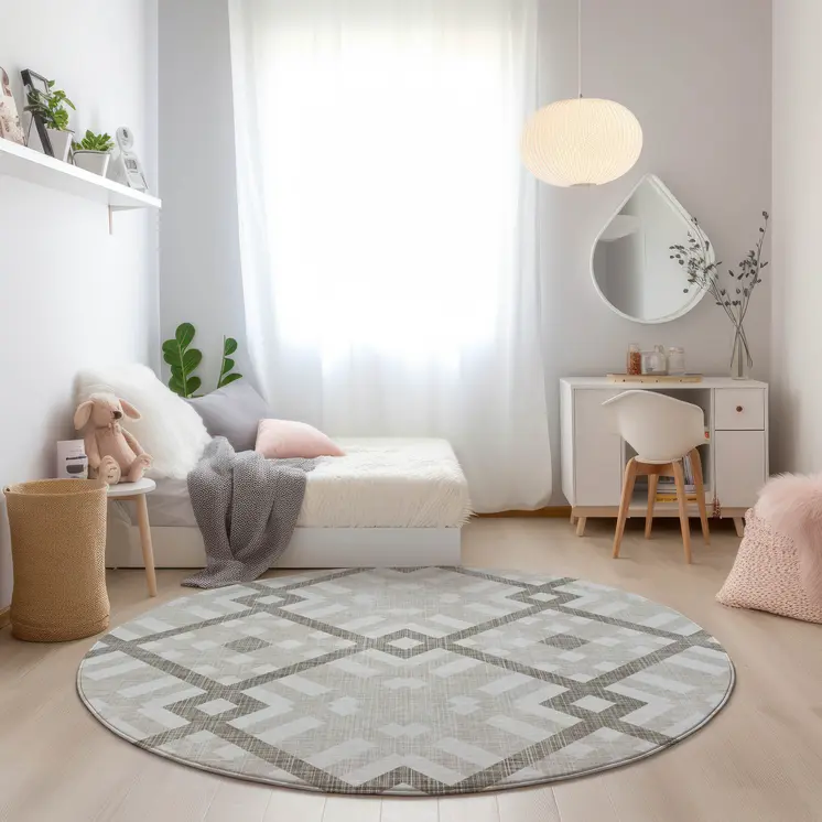8' Beige Tan And Ivory Round Geometric Washable Indoor Outdoor Area Rug