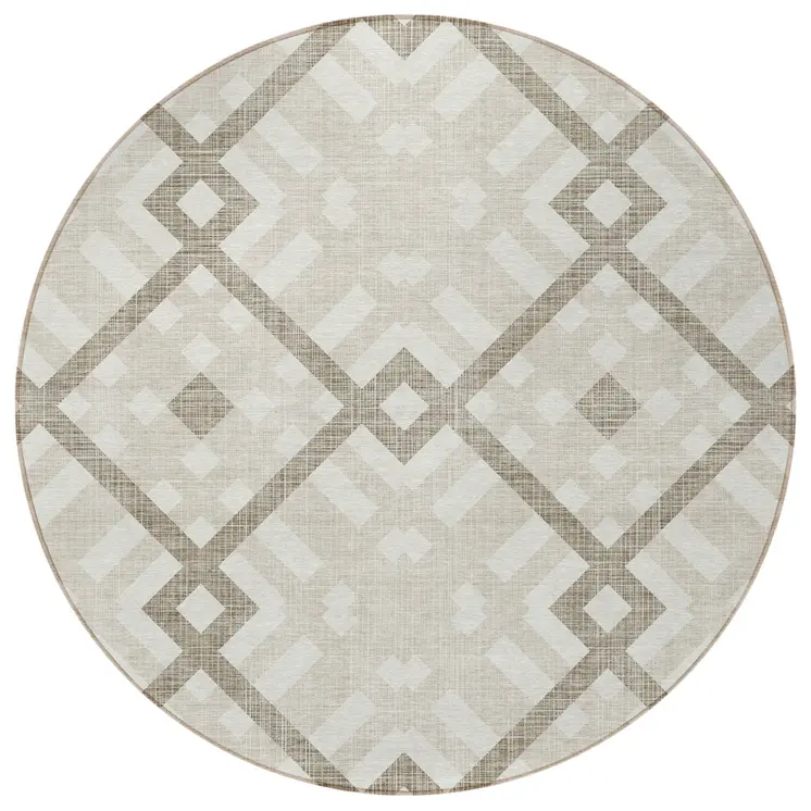 8' Beige Tan And Ivory Round Geometric Washable Indoor Outdoor Area Rug