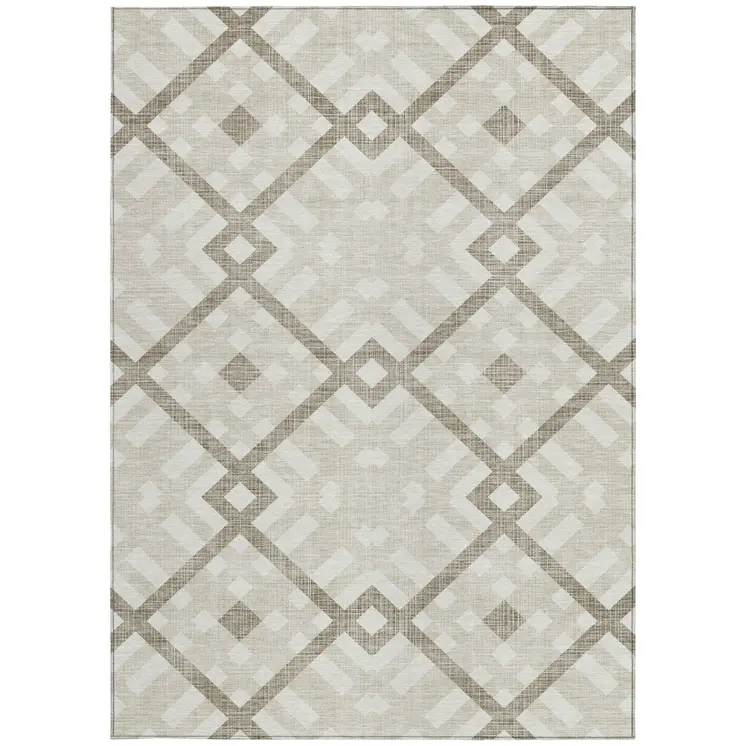 8' X 10' Beige Tan And Ivory Geometric Washable Indoor Outdoor Area Rug