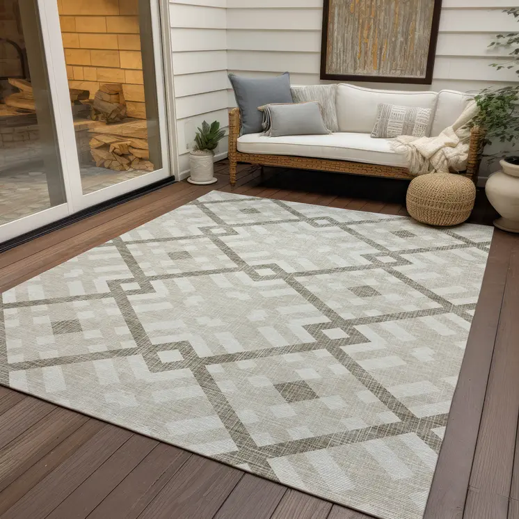 8' X 10' Beige Tan And Ivory Geometric Washable Indoor Outdoor Area Rug