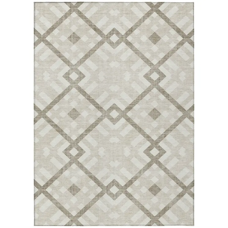 8' X 10' Beige Tan And Ivory Geometric Washable Indoor Outdoor Area Rug