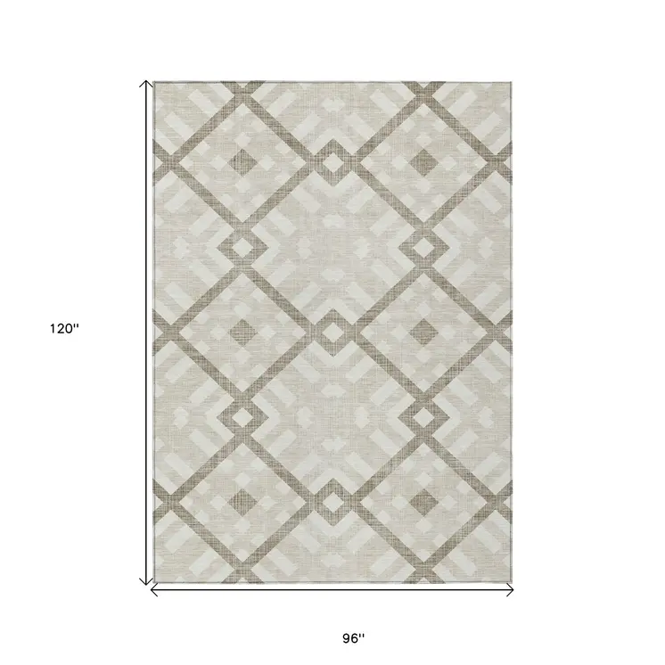 8' X 10' Beige Tan And Ivory Geometric Washable Indoor Outdoor Area Rug