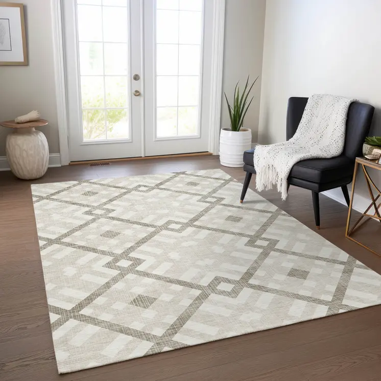 8' X 10' Beige Tan And Ivory Geometric Washable Indoor Outdoor Area Rug