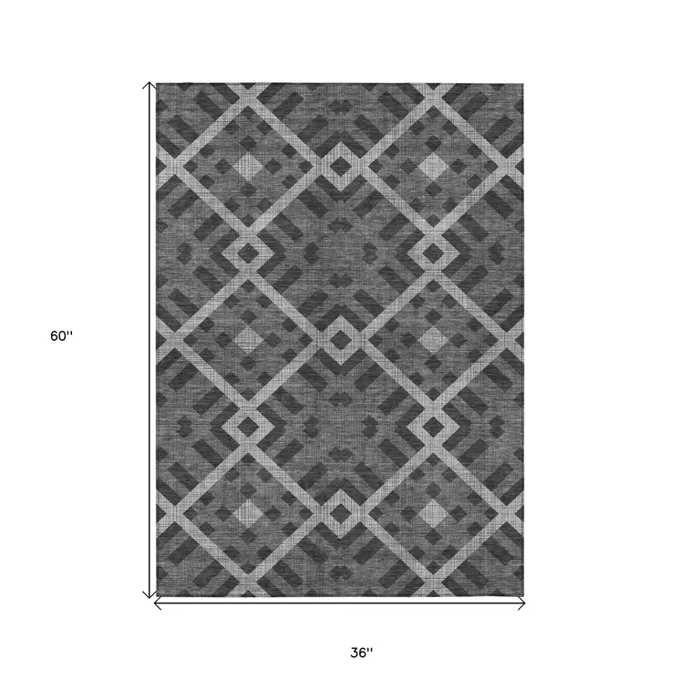 3' X 5' Charcoal Gray And Silver Geometric Washable Indoor Outdoor Area Rug