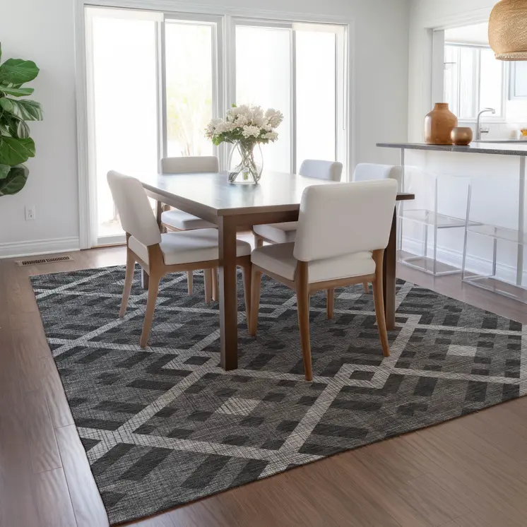 5' X 8' Charcoal Gray And Silver Geometric Washable Indoor Outdoor Area Rug