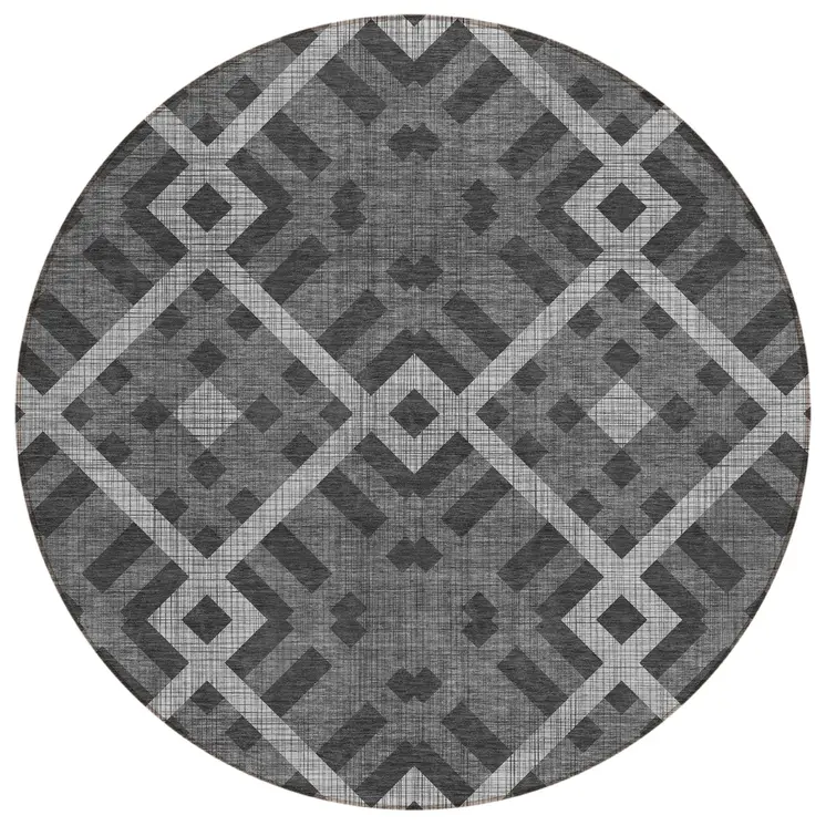 8' Charcoal Gray And Silver Round Geometric Washable Indoor Outdoor Area Rug