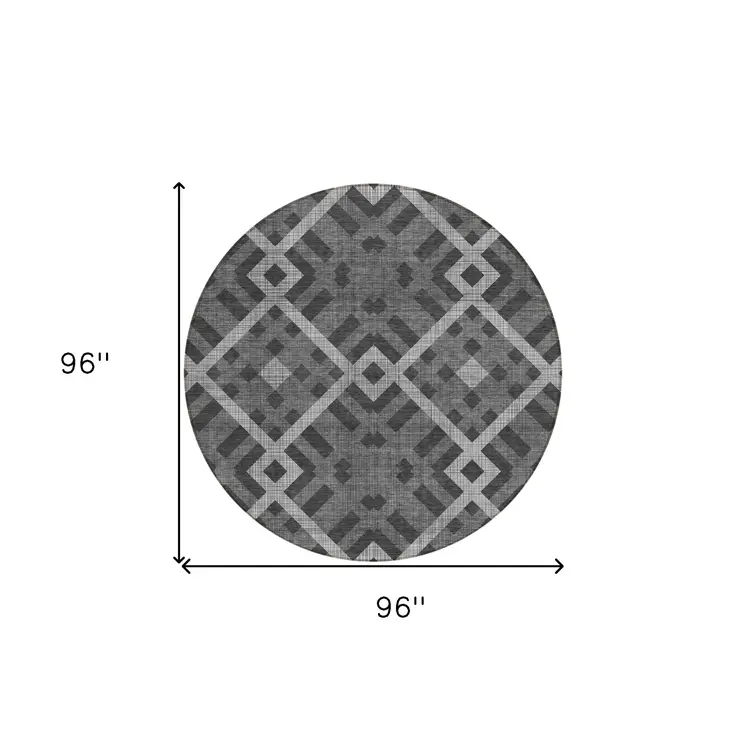 8' Charcoal Gray And Silver Round Geometric Washable Indoor Outdoor Area Rug