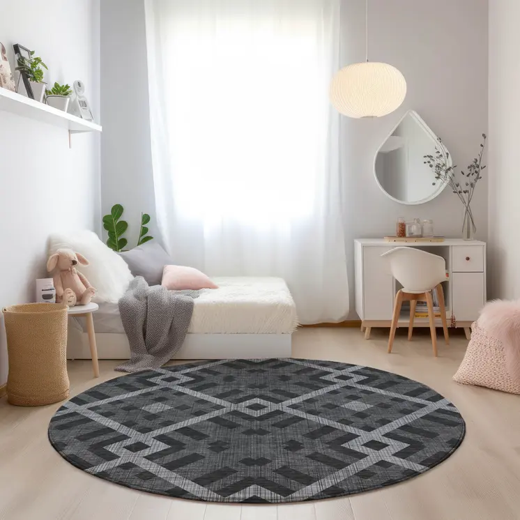 8' Charcoal Gray And Silver Round Geometric Washable Indoor Outdoor Area Rug