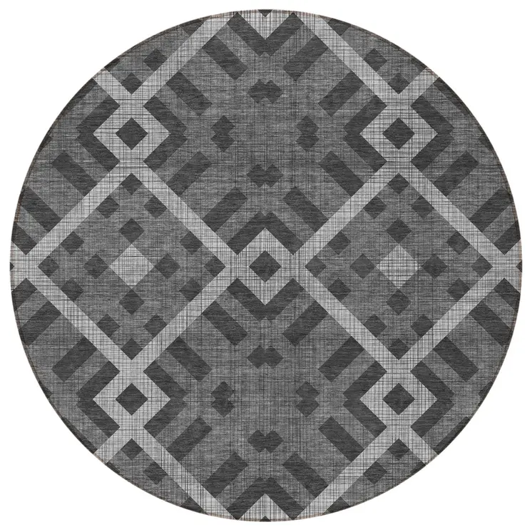 8' Charcoal Gray And Silver Round Geometric Washable Indoor Outdoor Area Rug