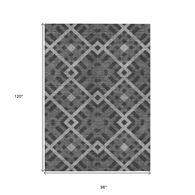 8' X 10' Charcoal Gray And Silver Geometric Washable Indoor Outdoor Area Rug