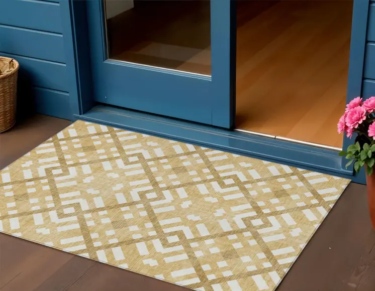 3' X 5' Gold Beige And Tan Geometric Washable Indoor Outdoor Area Rug