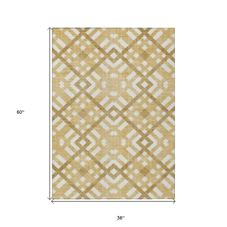 3' X 5' Gold Beige And Tan Geometric Washable Indoor Outdoor Area Rug