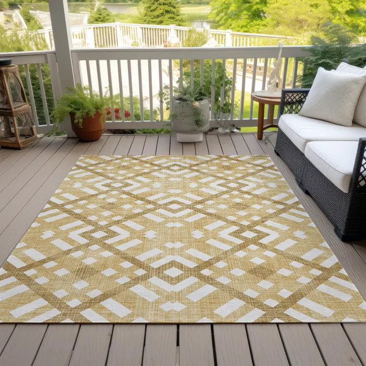 5' X 8' Gold Beige And Tan Geometric Washable Indoor Outdoor Area Rug