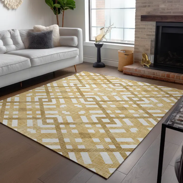 5' X 8' Gold Beige And Tan Geometric Washable Indoor Outdoor Area Rug