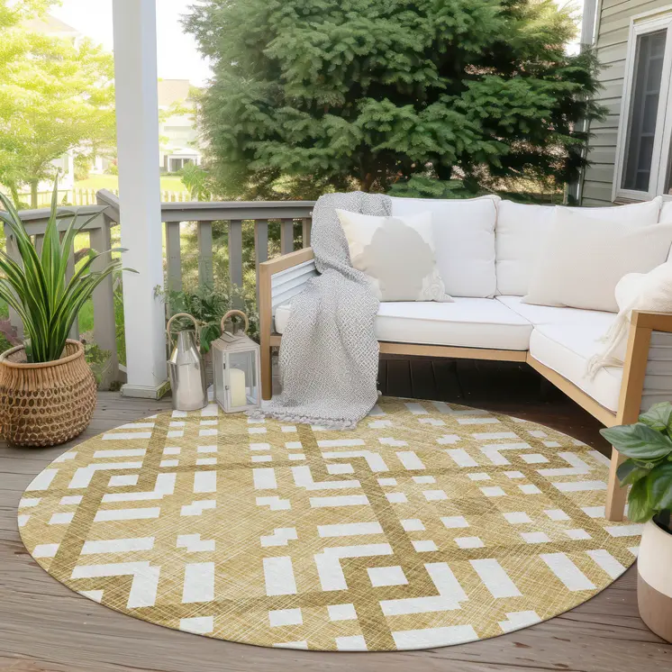 8' Gold Beige And Tan Round Geometric Washable Indoor Outdoor Area Rug