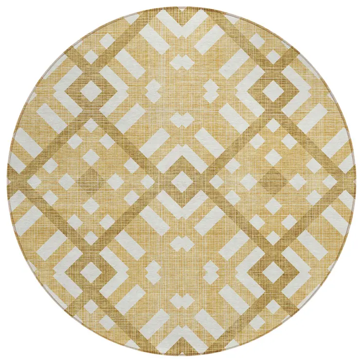 8' Gold Beige And Tan Round Geometric Washable Indoor Outdoor Area Rug