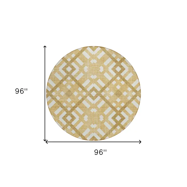 8' Gold Beige And Tan Round Geometric Washable Indoor Outdoor Area Rug