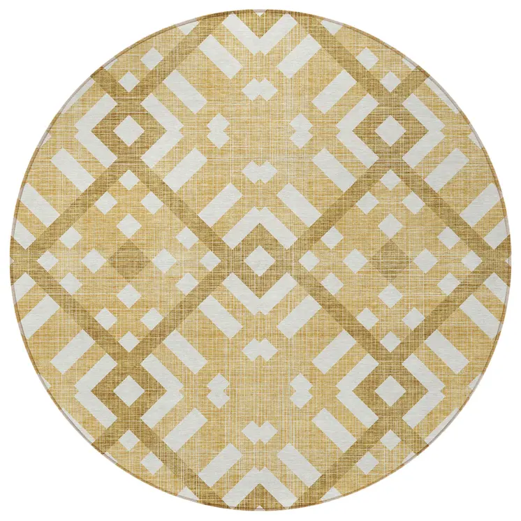8' Gold Beige And Tan Round Geometric Washable Indoor Outdoor Area Rug