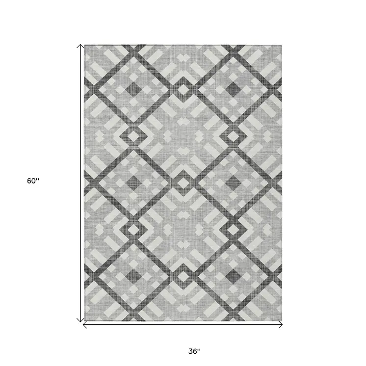 3' X 5' Gray Charcoal And Ivory Geometric Washable Indoor Outdoor Area Rug