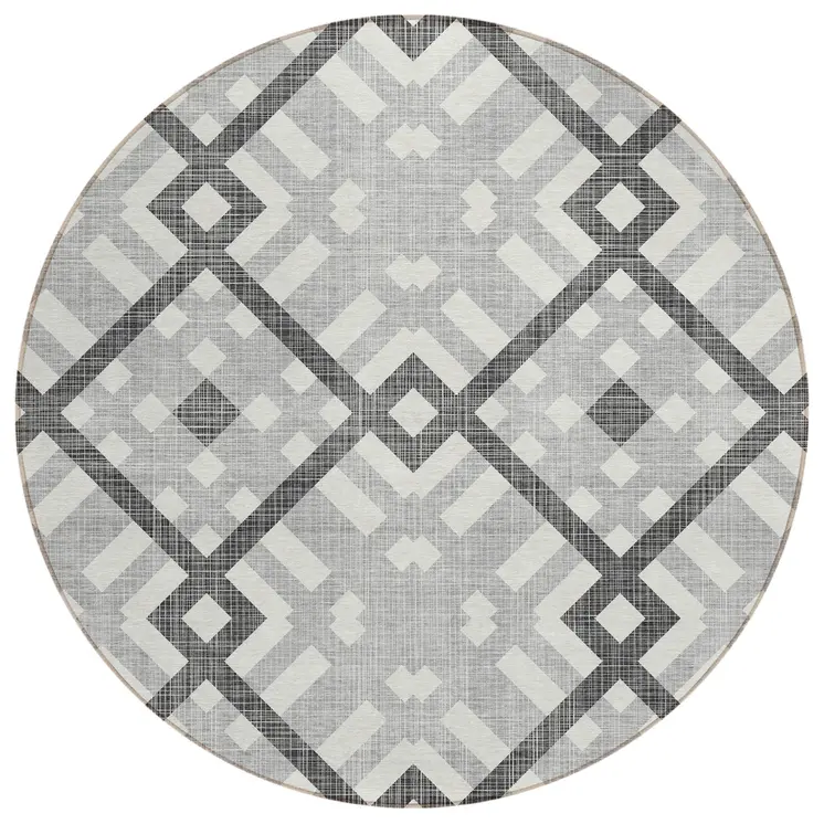 8' Gray Charcoal And Ivory Round Geometric Washable Indoor Outdoor Area Rug