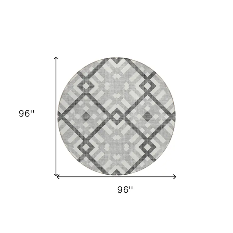 8' Gray Charcoal And Ivory Round Geometric Washable Indoor Outdoor Area Rug