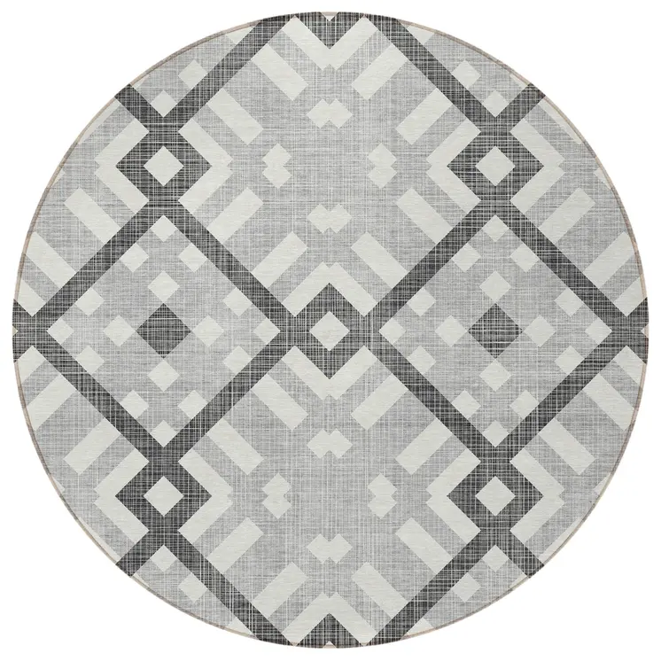 8' Gray Charcoal And Ivory Round Geometric Washable Indoor Outdoor Area Rug
