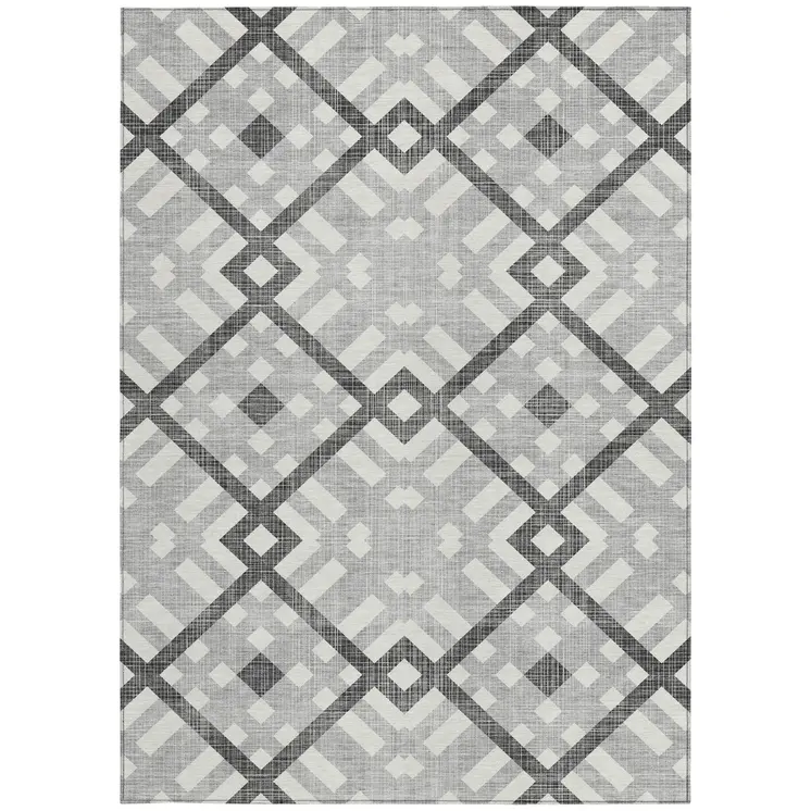 8' X 10' Gray Charcoal And Ivory Geometric Washable Indoor Outdoor Area Rug