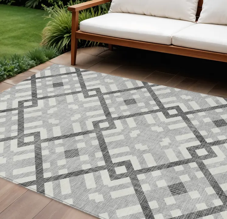 9' X 12' Gray Charcoal And Ivory Geometric Washable Indoor Outdoor Area Rug