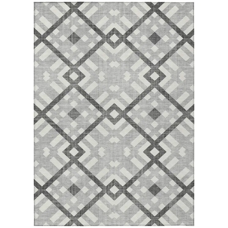 9' X 12' Gray Charcoal And Ivory Geometric Washable Indoor Outdoor Area Rug