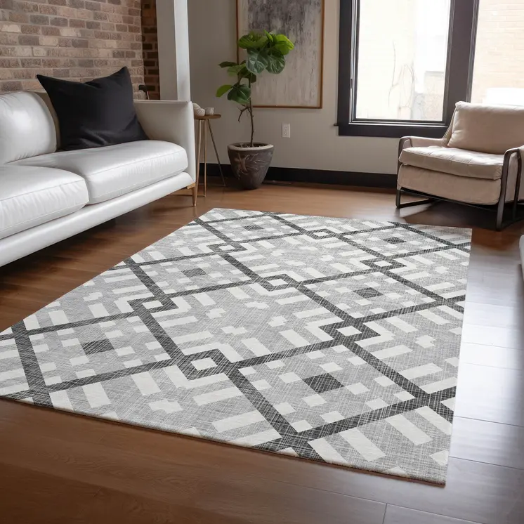 9' X 12' Gray Charcoal And Ivory Geometric Washable Indoor Outdoor Area Rug