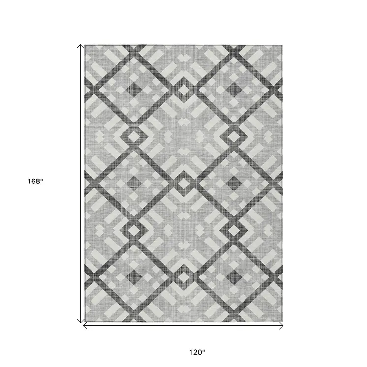 10' X 14' Gray Charcoal And Ivory Geometric Washable Indoor Outdoor Area Rug