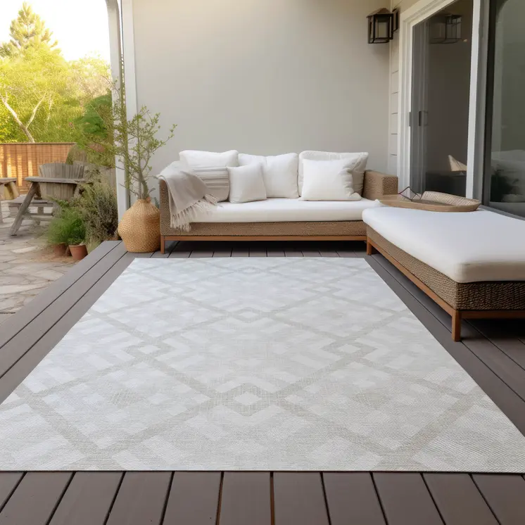 3' X 5' Ivory Beige And Tan Geometric Washable Indoor Outdoor Area Rug