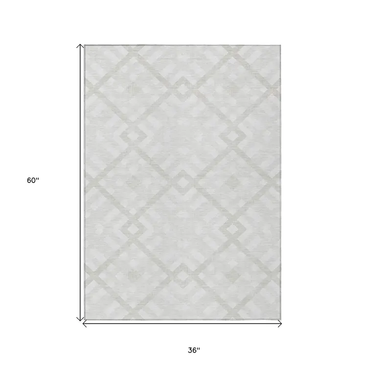 3' X 5' Ivory Beige And Tan Geometric Washable Indoor Outdoor Area Rug