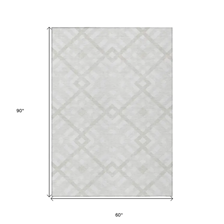 5' X 8' Ivory Beige And Tan Geometric Washable Indoor Outdoor Area Rug