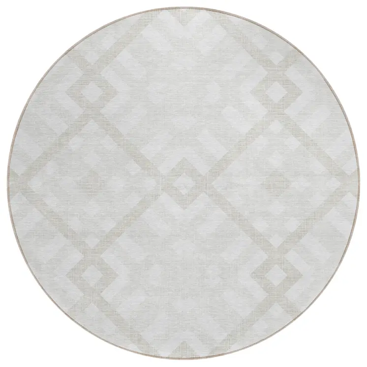8' Ivory Beige And Tan Round Geometric Washable Indoor Outdoor Area Rug