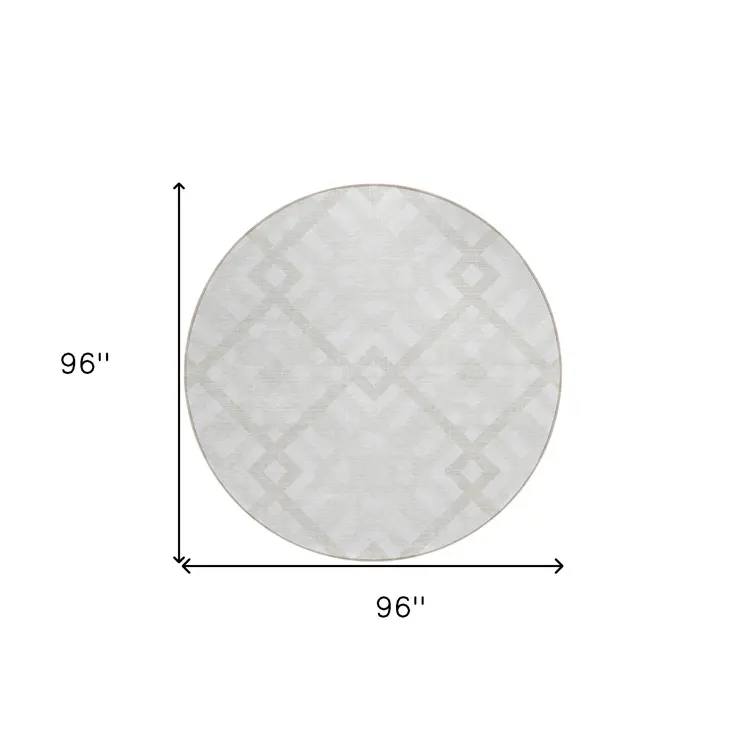 8' Ivory Beige And Tan Round Geometric Washable Indoor Outdoor Area Rug