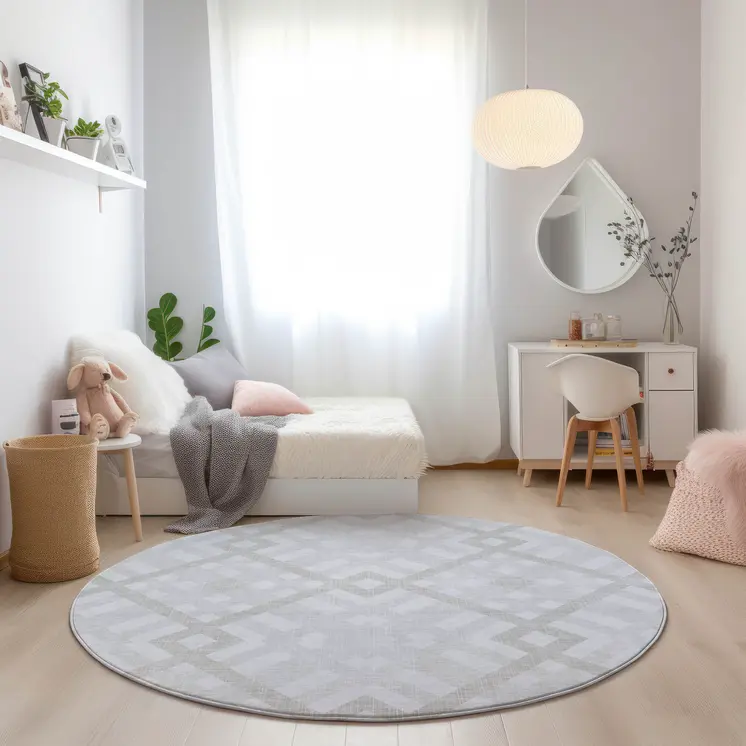 8' Ivory Beige And Tan Round Geometric Washable Indoor Outdoor Area Rug