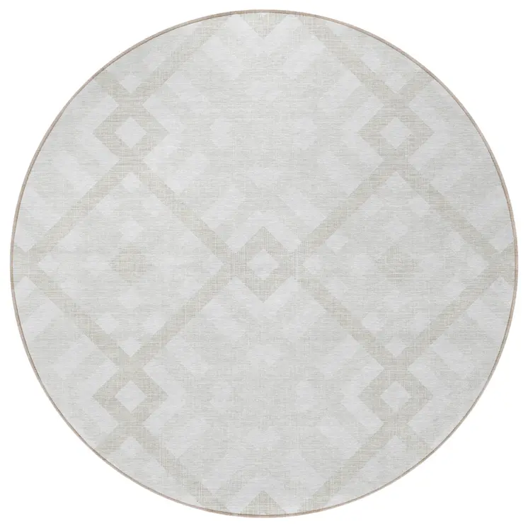 8' Ivory Beige And Tan Round Geometric Washable Indoor Outdoor Area Rug