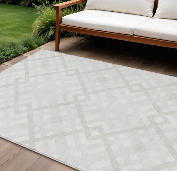 9' X 12' Ivory Beige And Tan Geometric Washable Indoor Outdoor Area Rug